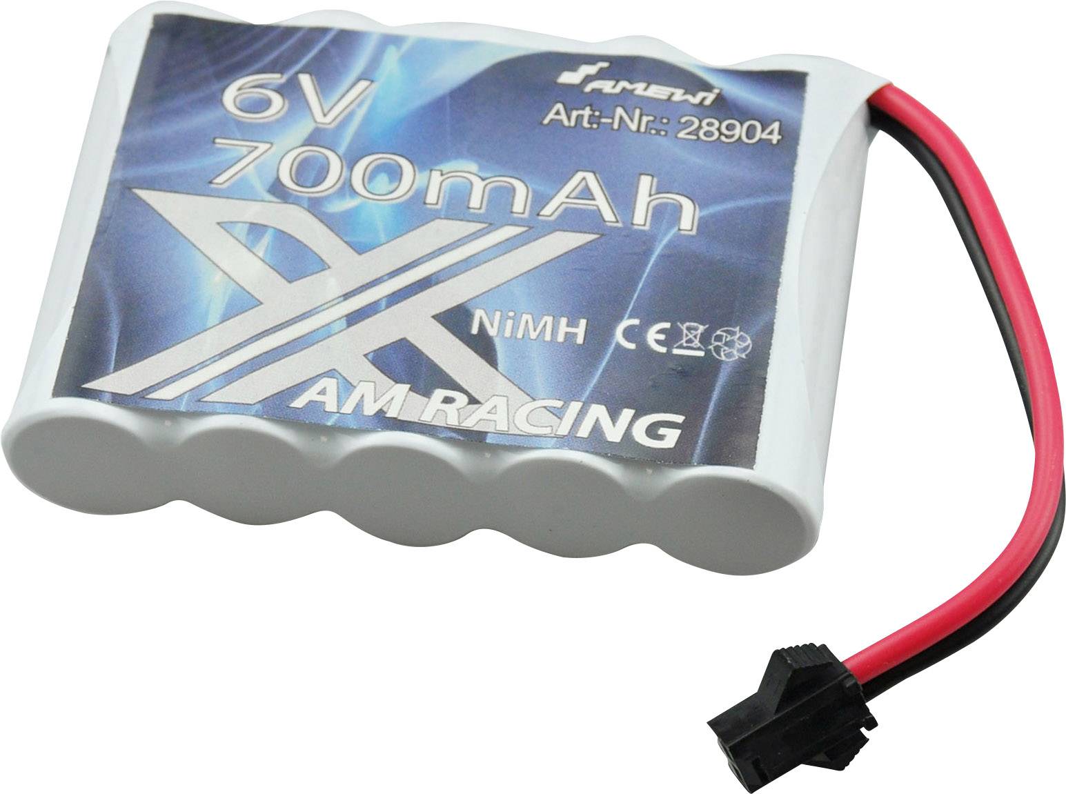 Battery pack with label '6V 700mAh', NiMH battery with red and black cable, suitable for model building.