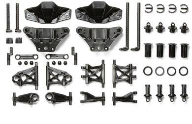 Black plastic parts in various shapes and sizes, symmetrically arranged, presumably construction or replacement parts for model building.