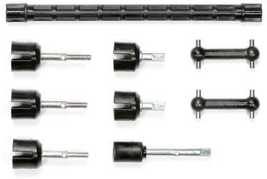 Several black plastic and metal components in various shapes and sizes, arranged in a flat view.