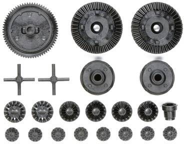 Various gears and components in multiple sizes on a white background, arranged in even rows.