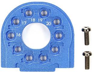 A blue, semi-circular metal part with numbers from 16 to 20 is shown on the left. Two screws are positioned next to it on the right.