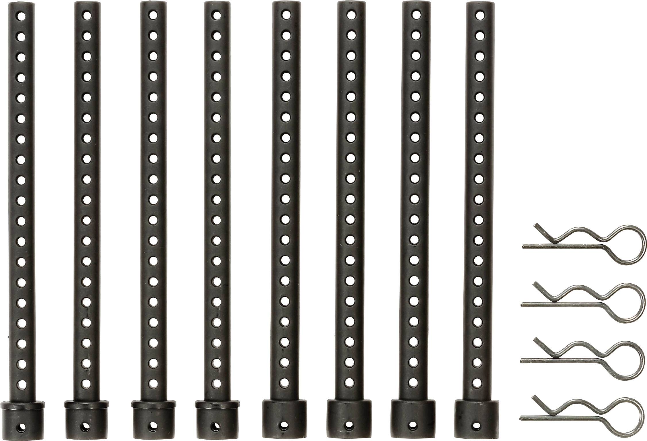 Eight black metal bars with regular holes, accompanied by five toggle clasps, grouped side by side on a white background.