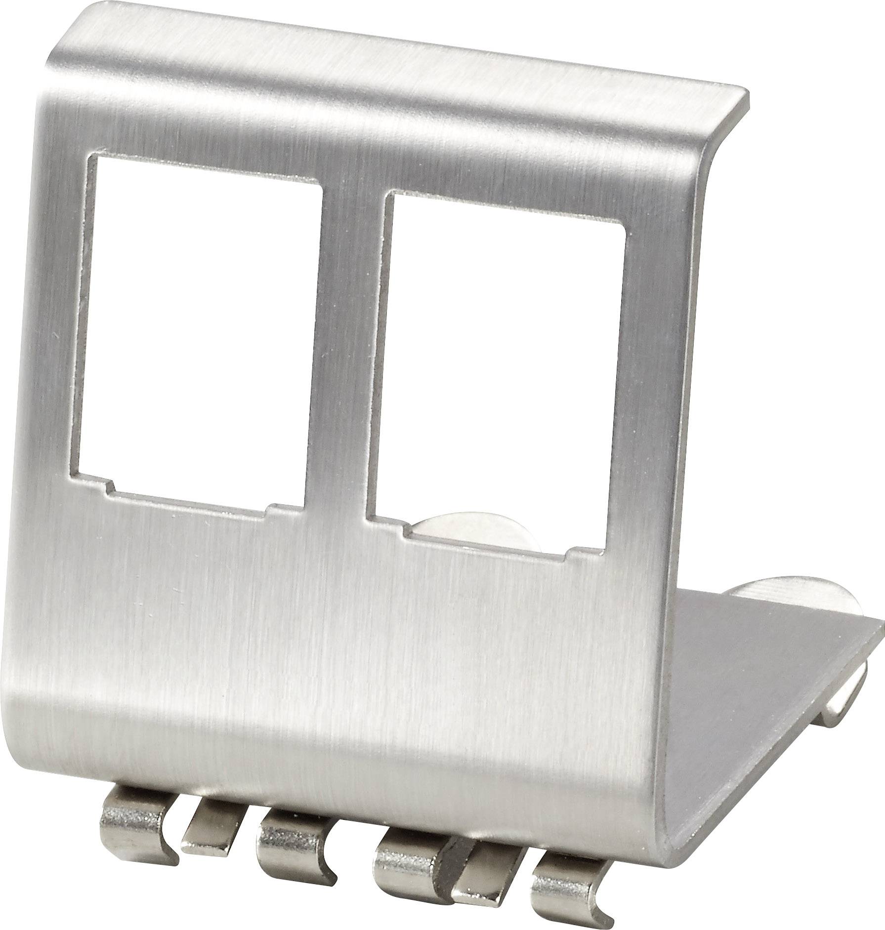 Metal mounting bracket with two rectangular openings and four hooks at the bottom edge.
