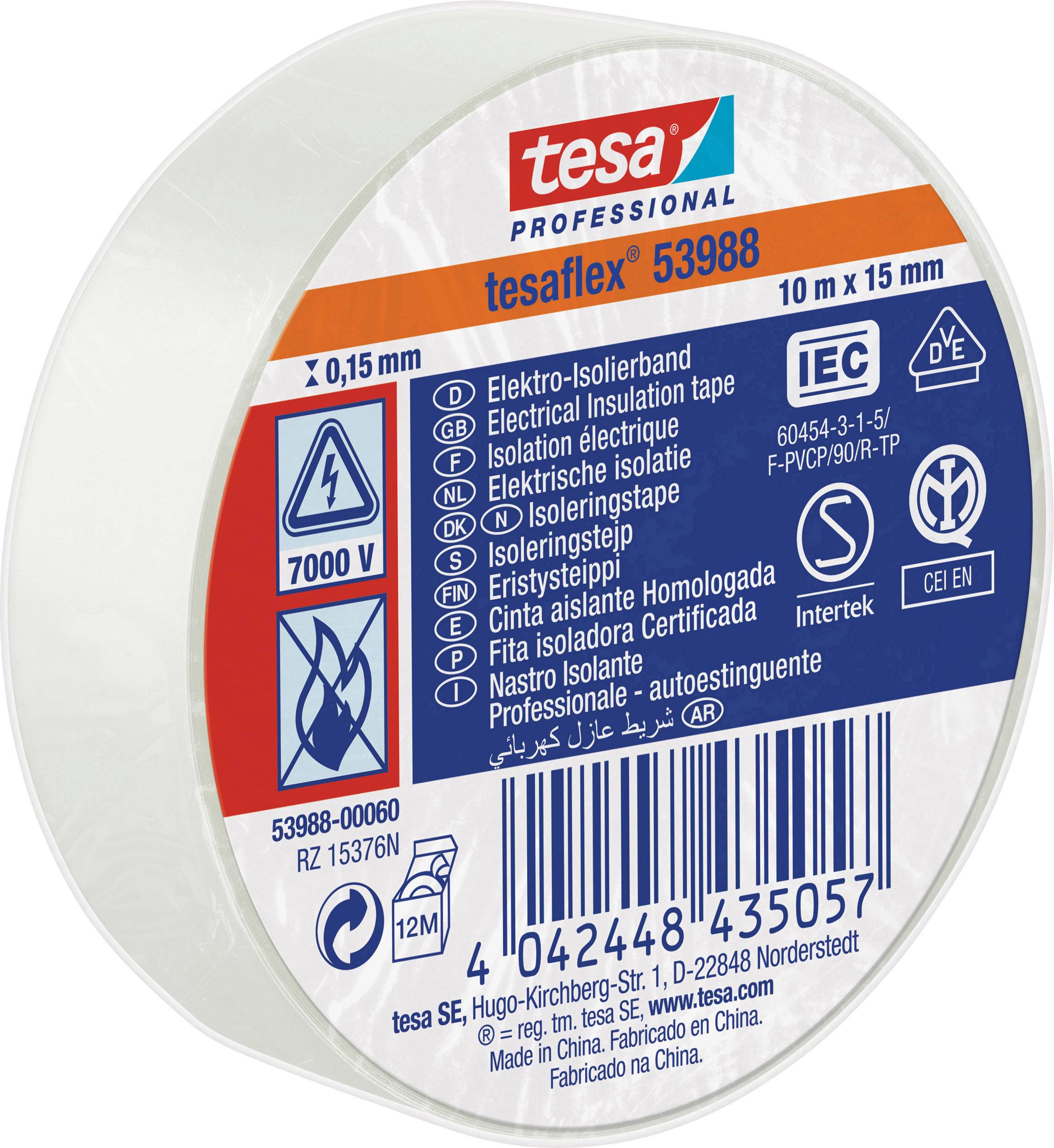 White Electrical Insulation Tape, Tesa brand, 10 m long, 15 mm wide, 7000 V voltage rating, CE and IEC certified, 12 months shelf life.