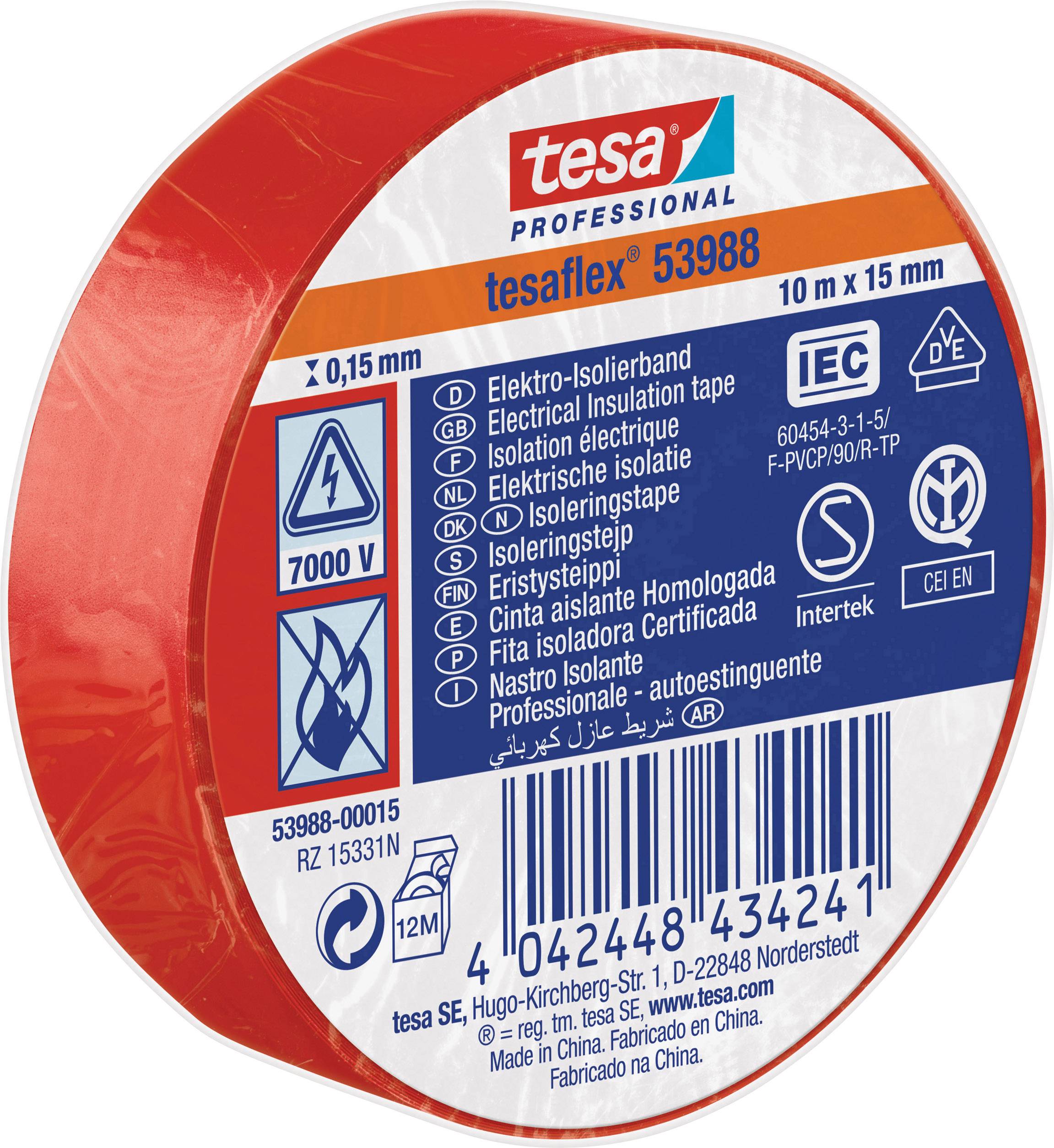 'Roll of red electrical insulating tape tesa® tesaflex® 53988, 10m x 15mm, 0.15mm thickness, 7000 V voltage, IEC-certified.'<br><br>Note: The translation maintains the technical specifications and uses British English spelling and formatting.