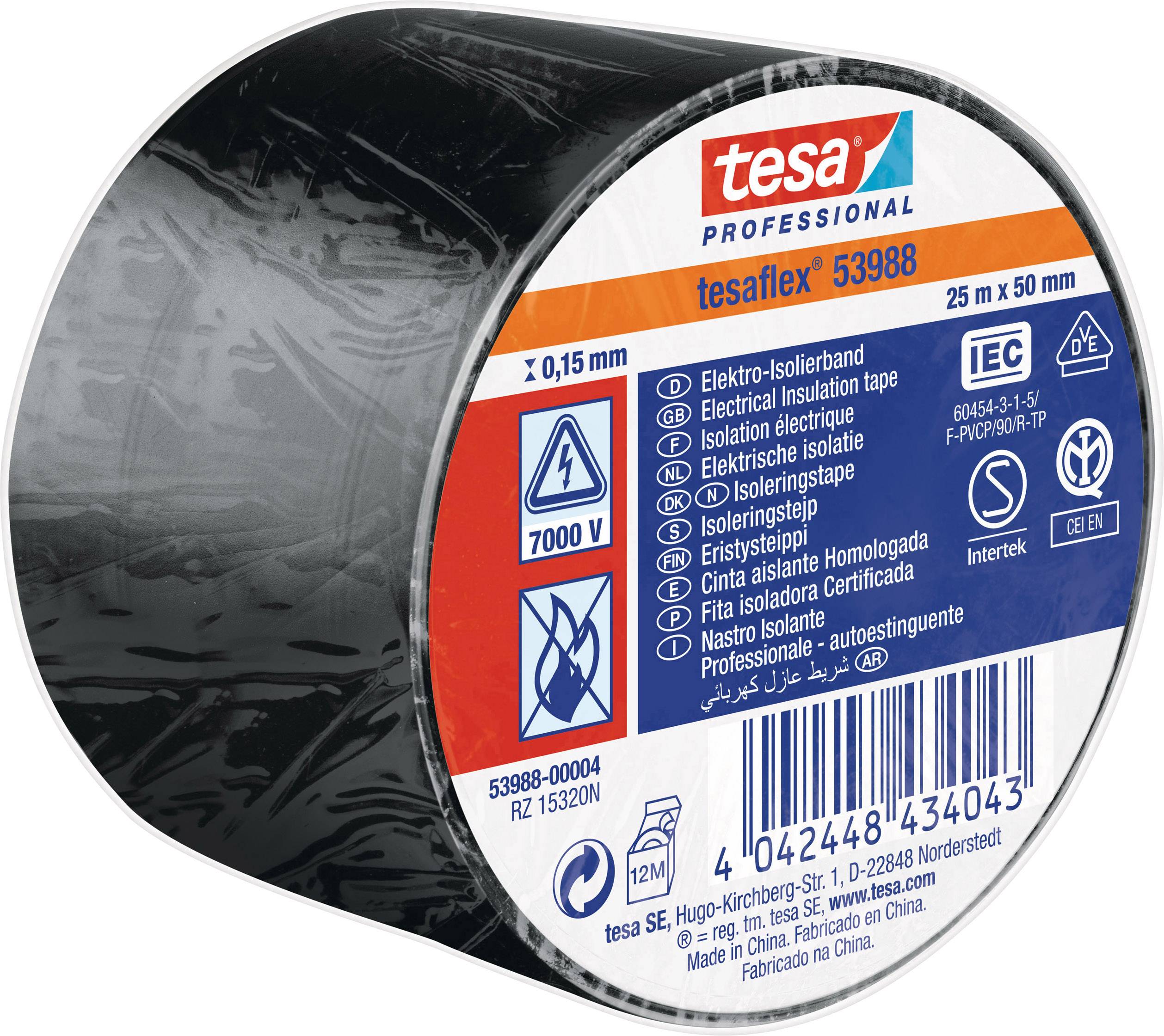 Black insulating tape 'tesaflex 53988' 25 m x 50 mm for electrical insulation up to 7000 V, on a roll, with product information.