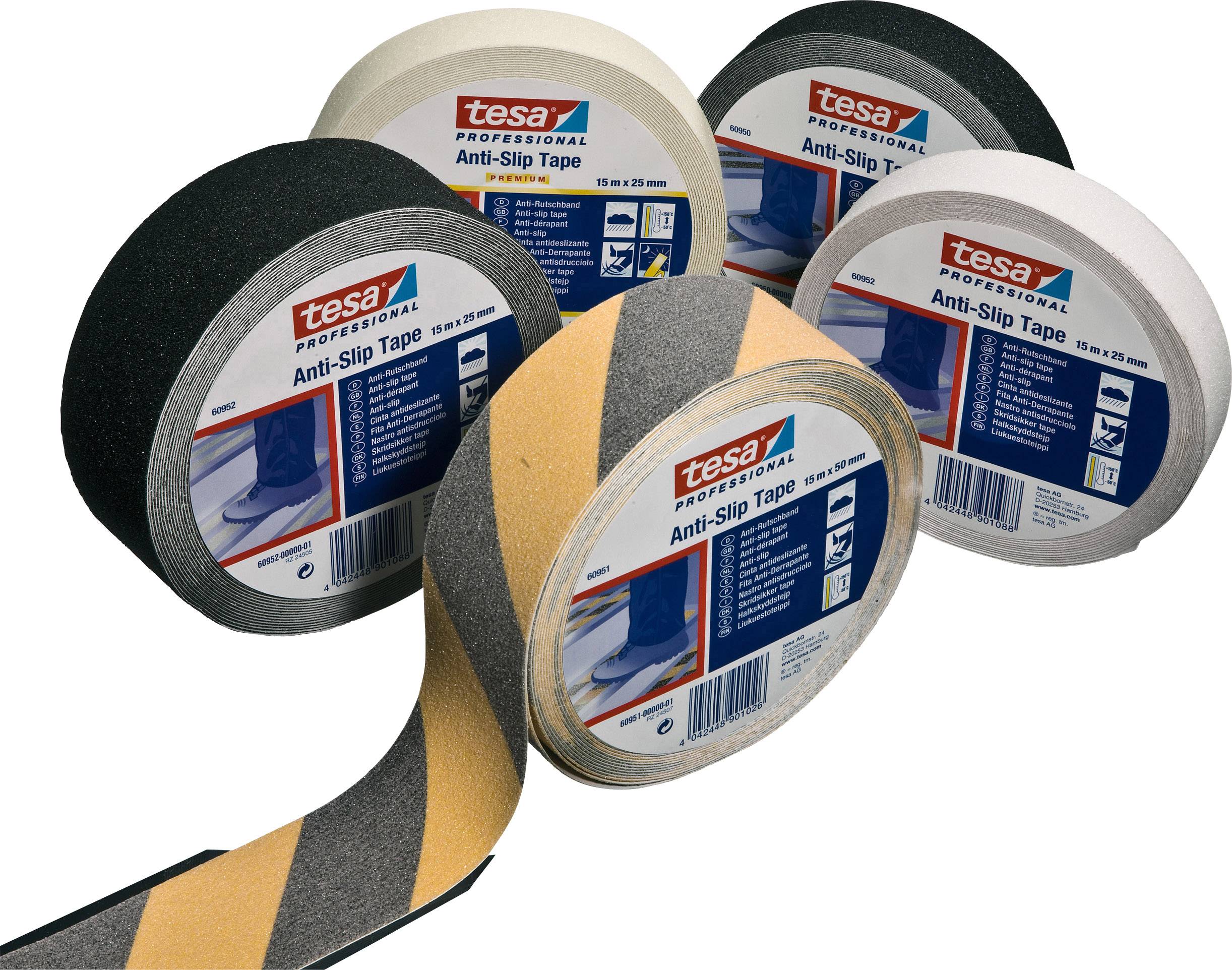 Five rolls of anti-slip adhesive tape from tesa in various colours; foreground shows yellow and black striped roll.