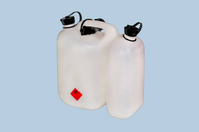 Two white plastic petrol canisters with a carrying handle and red hazard symbol on a blue background.