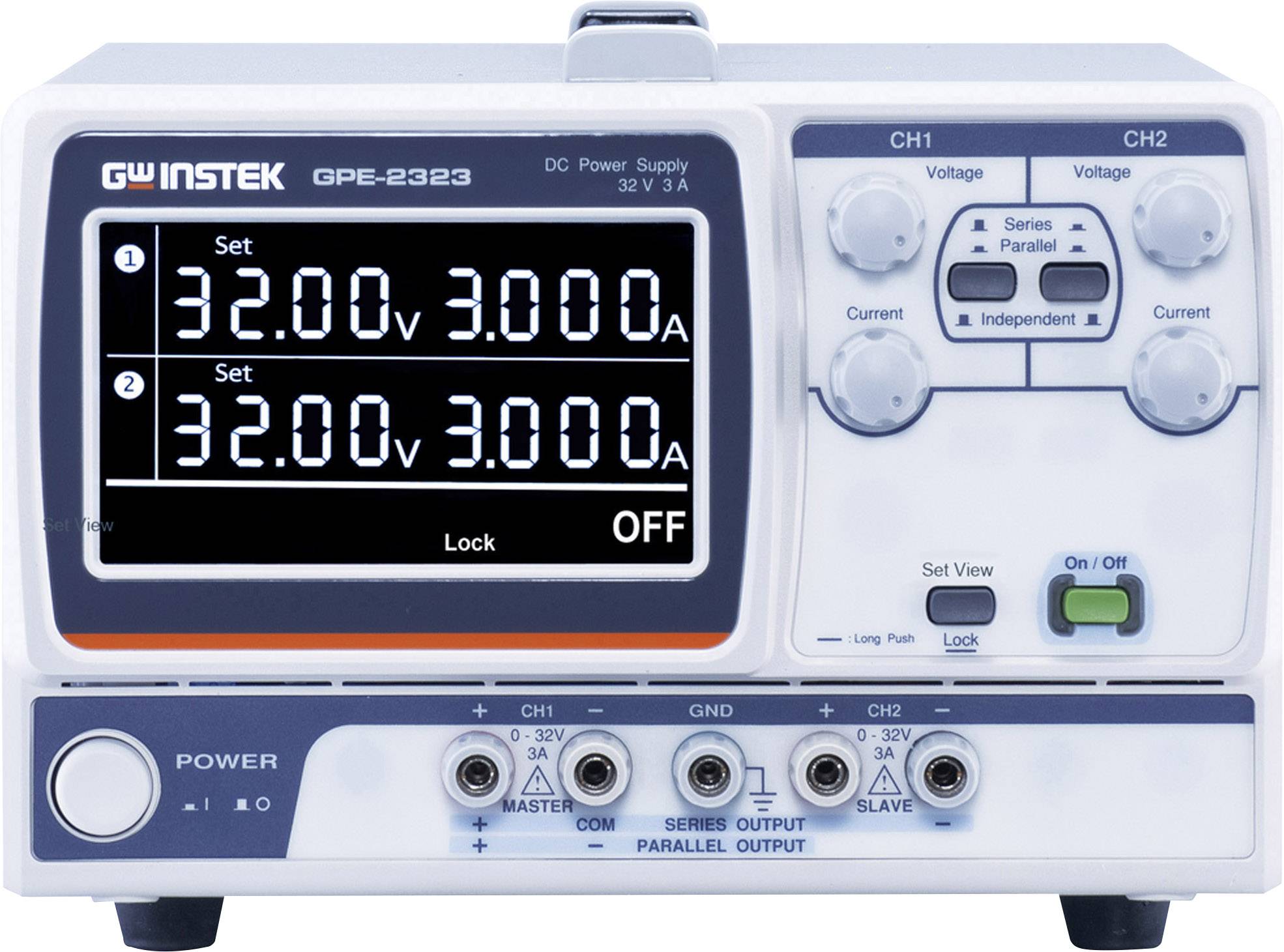 Electronic laboratory power supply 'GW Instek GPE-2323' with two channels. Displays: Voltage 32V, Current 3A, Output OFF.