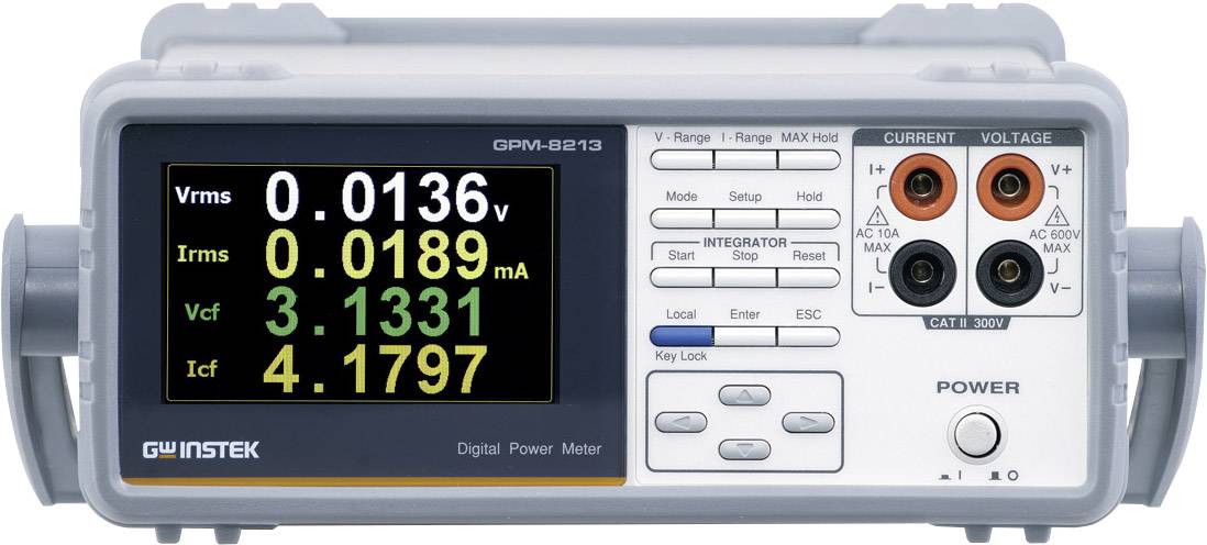 Digital performance measuring device with display, showing electrical measurement values such as Vrms, Irms, Vcf and If. Buttons and connections are visible.