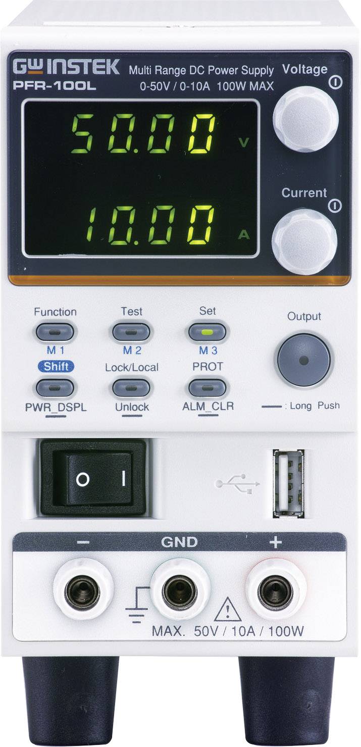 'GW Instek Multi Range DC Power Supply PFR-100L', showing a voltage of 50.00V and current of 10.00A, with multiple functions and connections.