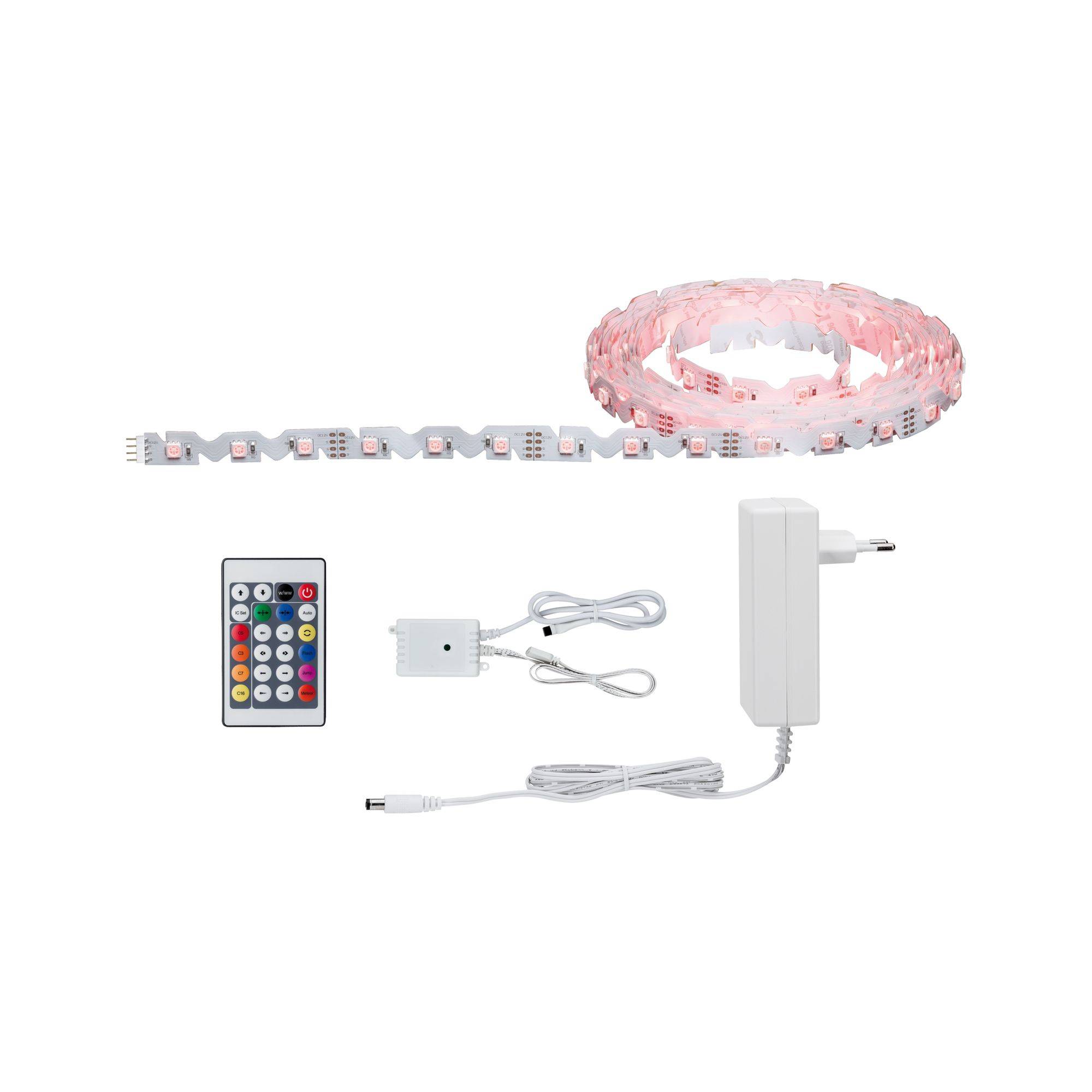 LED light strip with remote control and adapter. The strip is illuminated in pink. Accessories include cable and control unit.