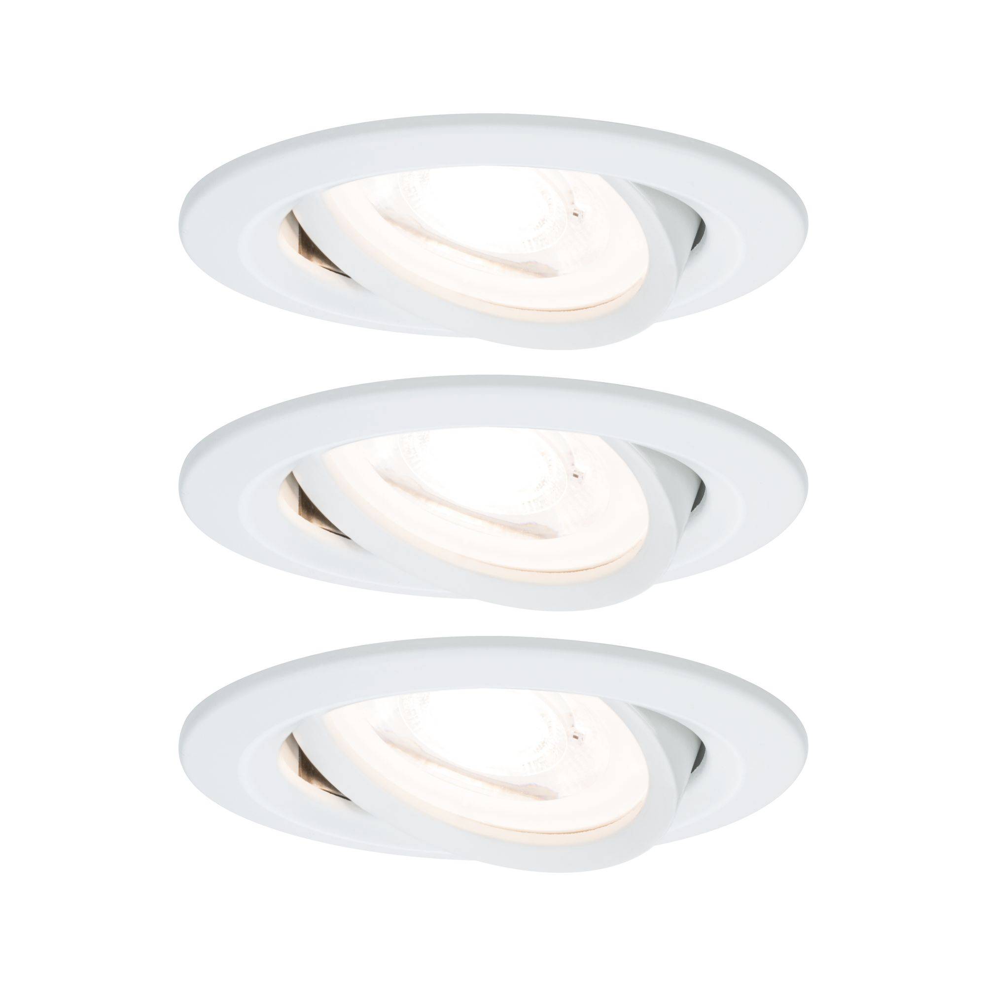 Three white, round recessed spotlights in a vertical row, shining brightly. They are evenly aligned and create ambient lighting.