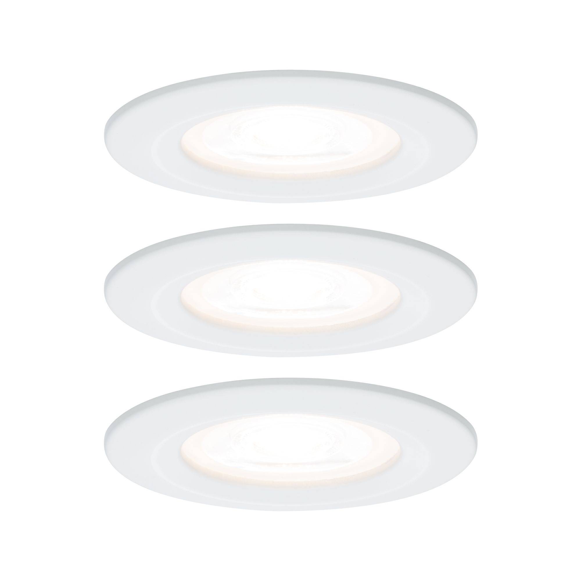 Three white, round recessed lights in a vertical arrangement on a white background. Ideal for contemporary interior lighting.