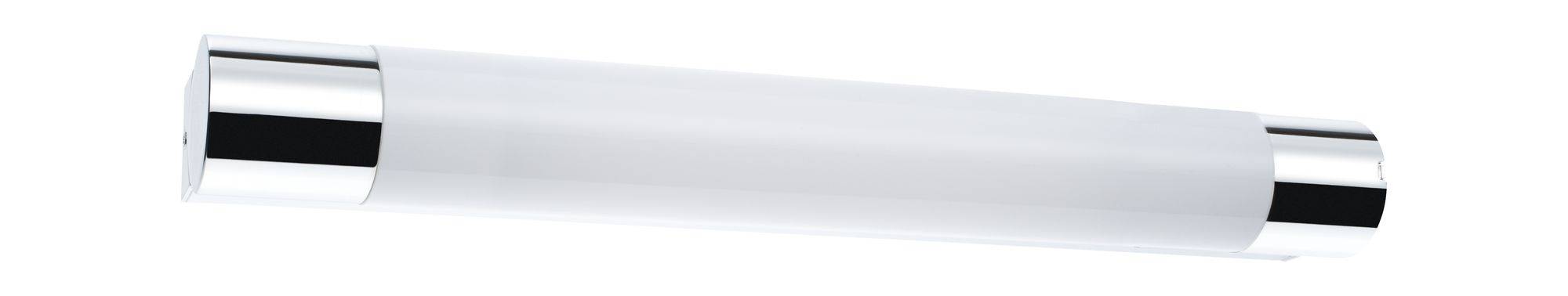 A contemporary, cylindrical wall light with chrome-coloured end caps and a matt white central section. Suitable for interior lighting.