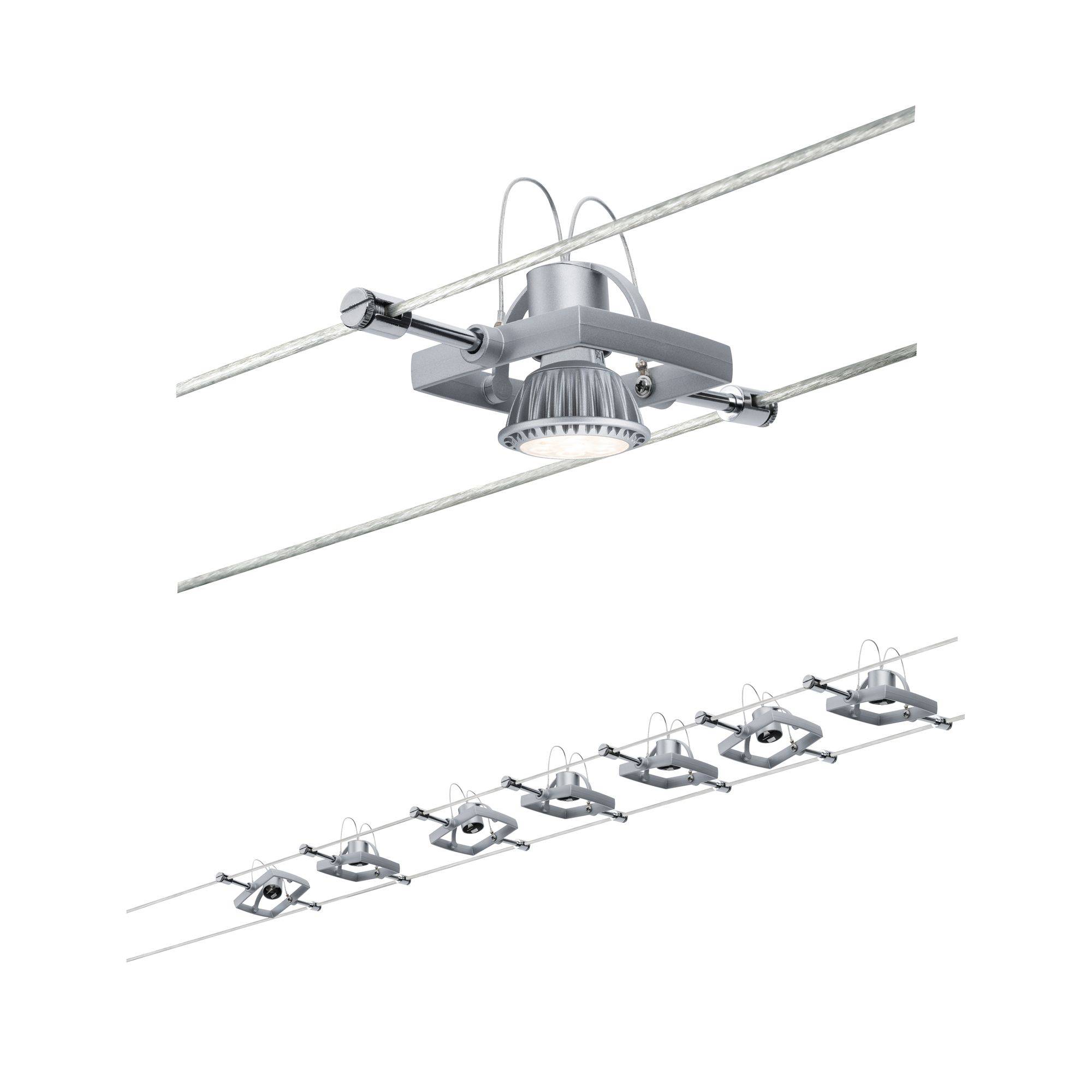 A contemporary, silver cable-suspended light fitting in a row of six lamps, mounted on two parallel cables, ceiling-mounted.