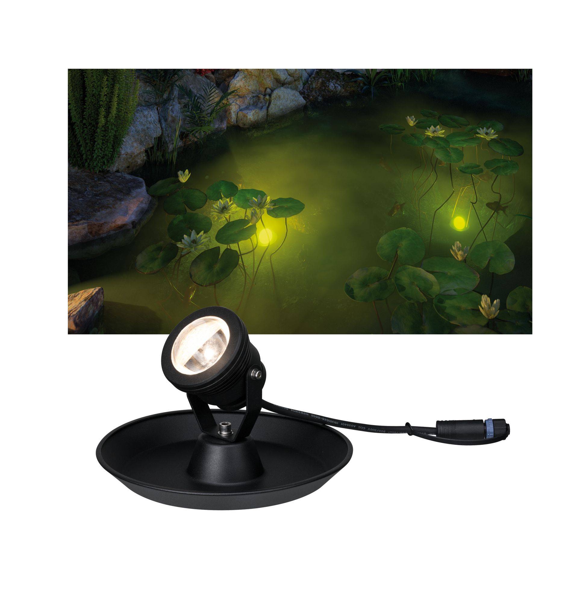 A pond at night with illuminated water lilies. In the foreground, a waterproof pond lamp is depicted.