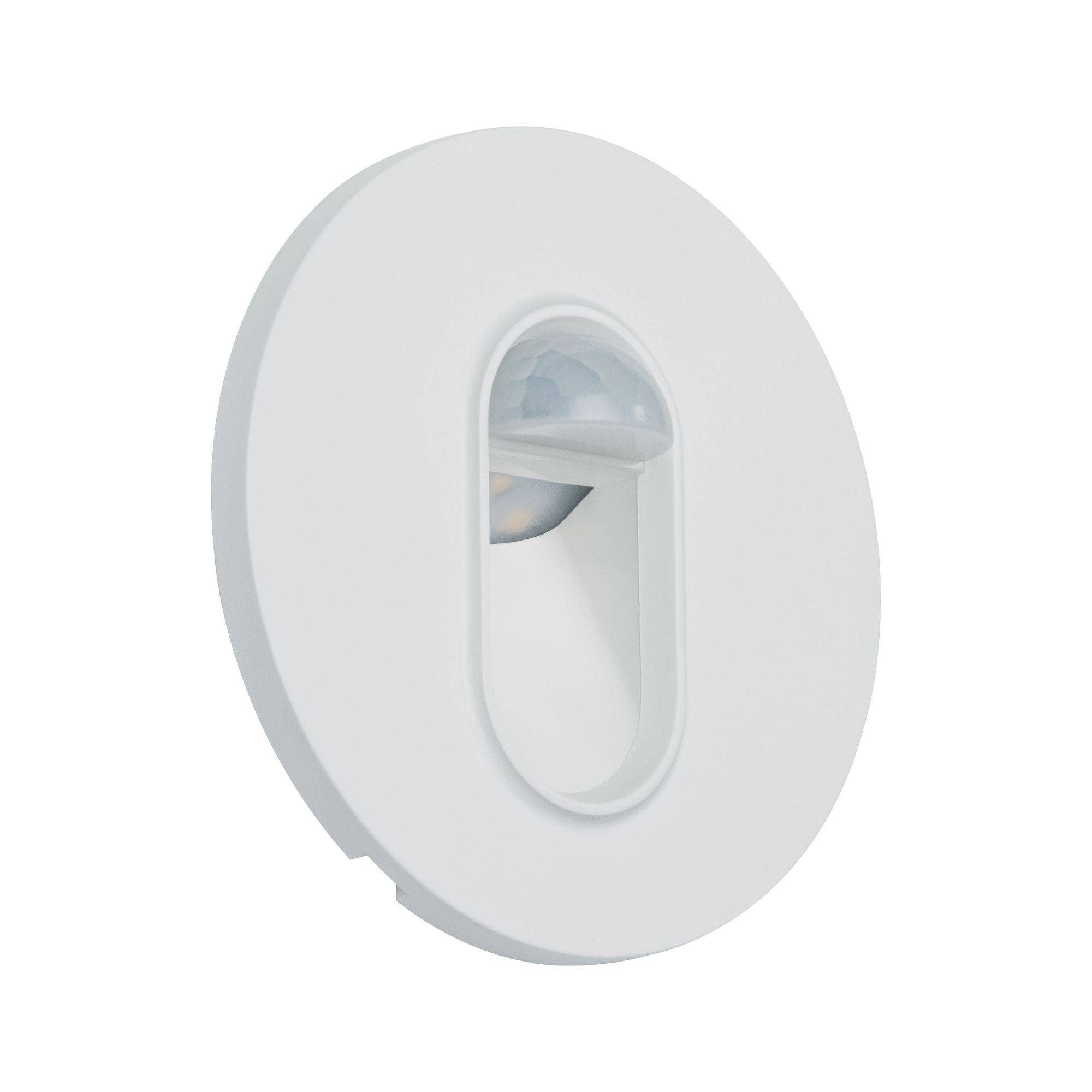 A white, oval LED wall light with integrated motion sensor, suitable for modern interior lighting.