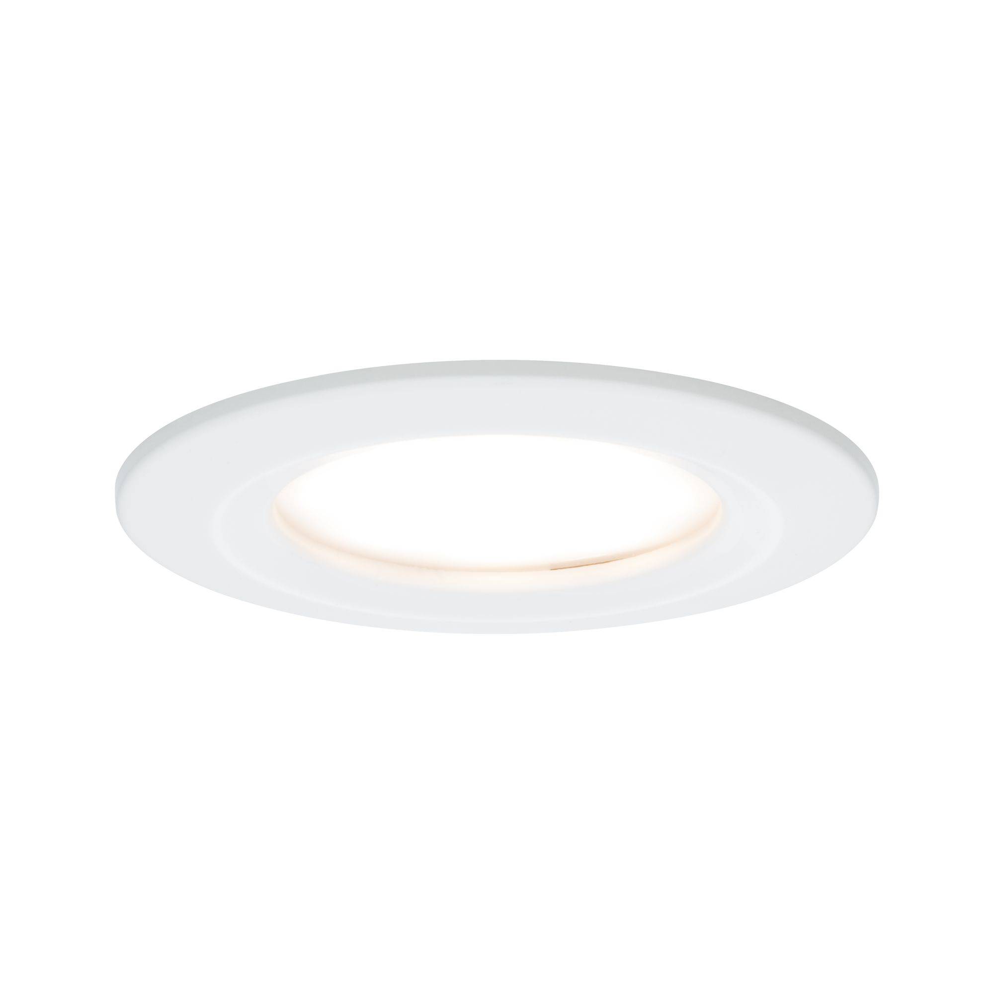 A round, white LED ceiling spotlight with a wide light emission, flush-mounted surface level with the ceiling, minimalist design.