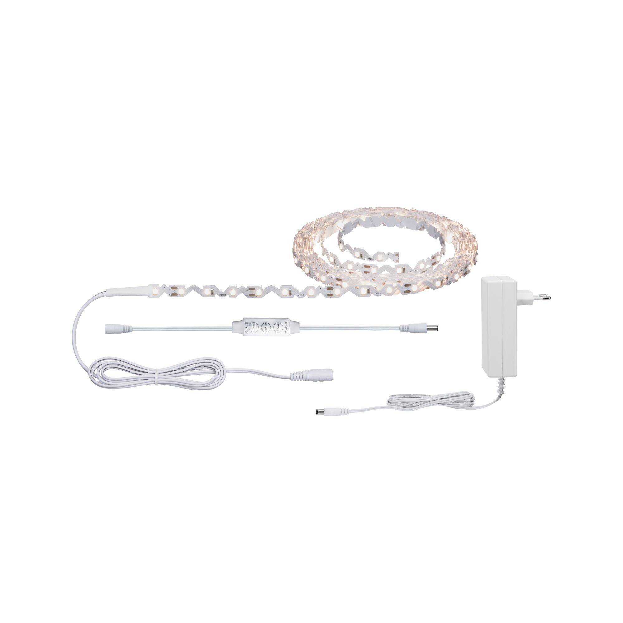 LED light strip set with white adapter and connection cables, ready for installation. Ideal for decorative interior lighting.