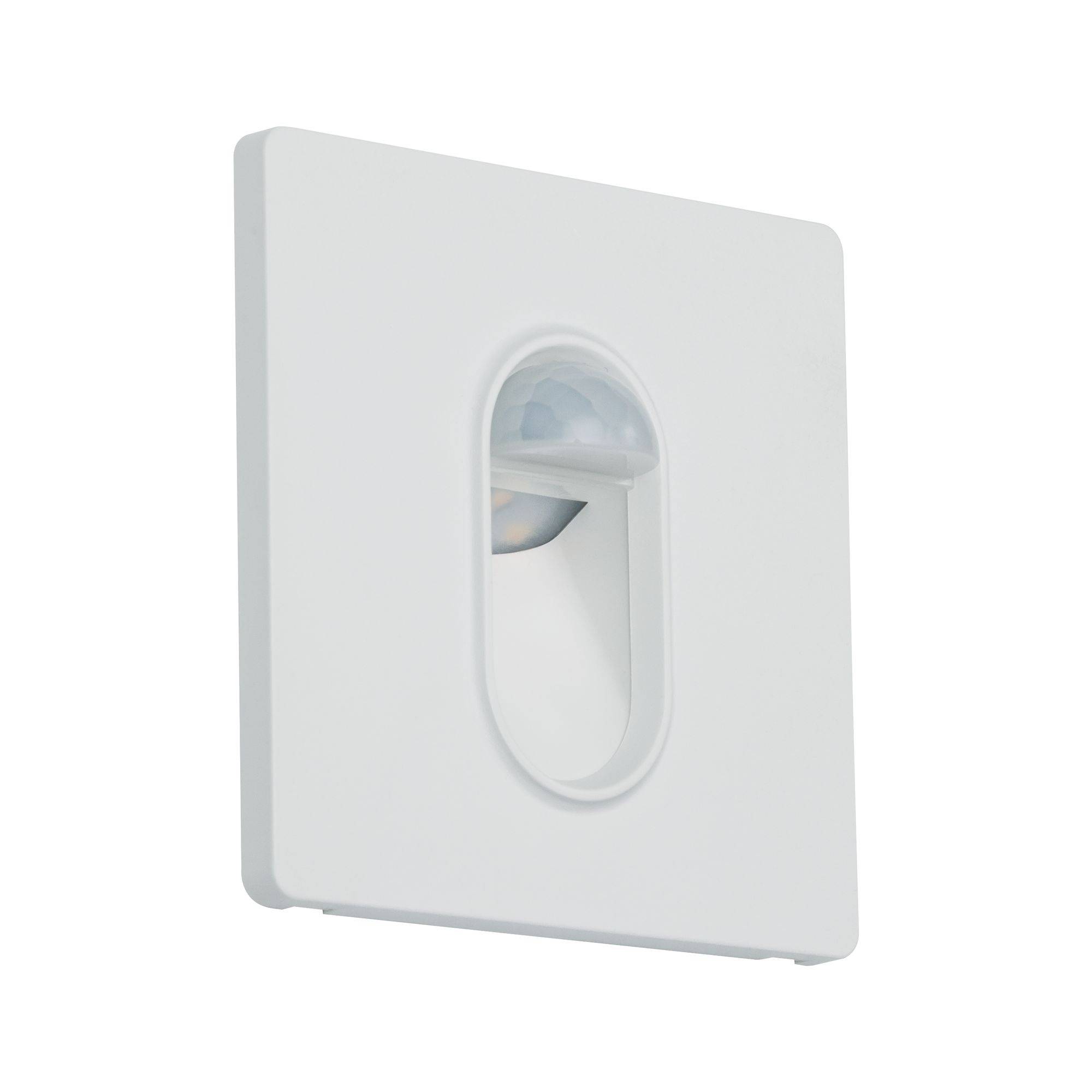 A square, white night light with built-in sensor, suitable for corridors or stairs for automatic illumination in darkness.