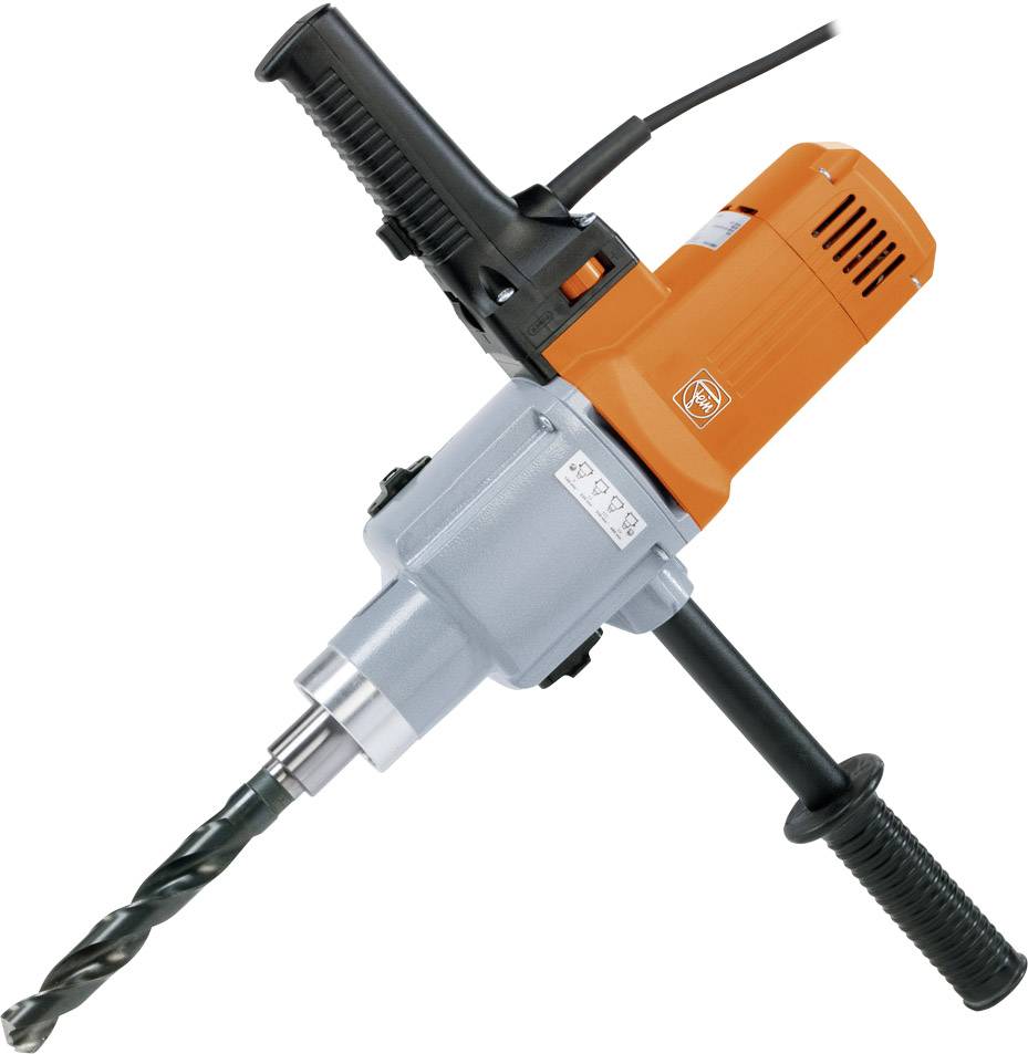 An electric drill in orange and grey with two handles and a drill bit attachment, suitable for heavy-duty drilling work.