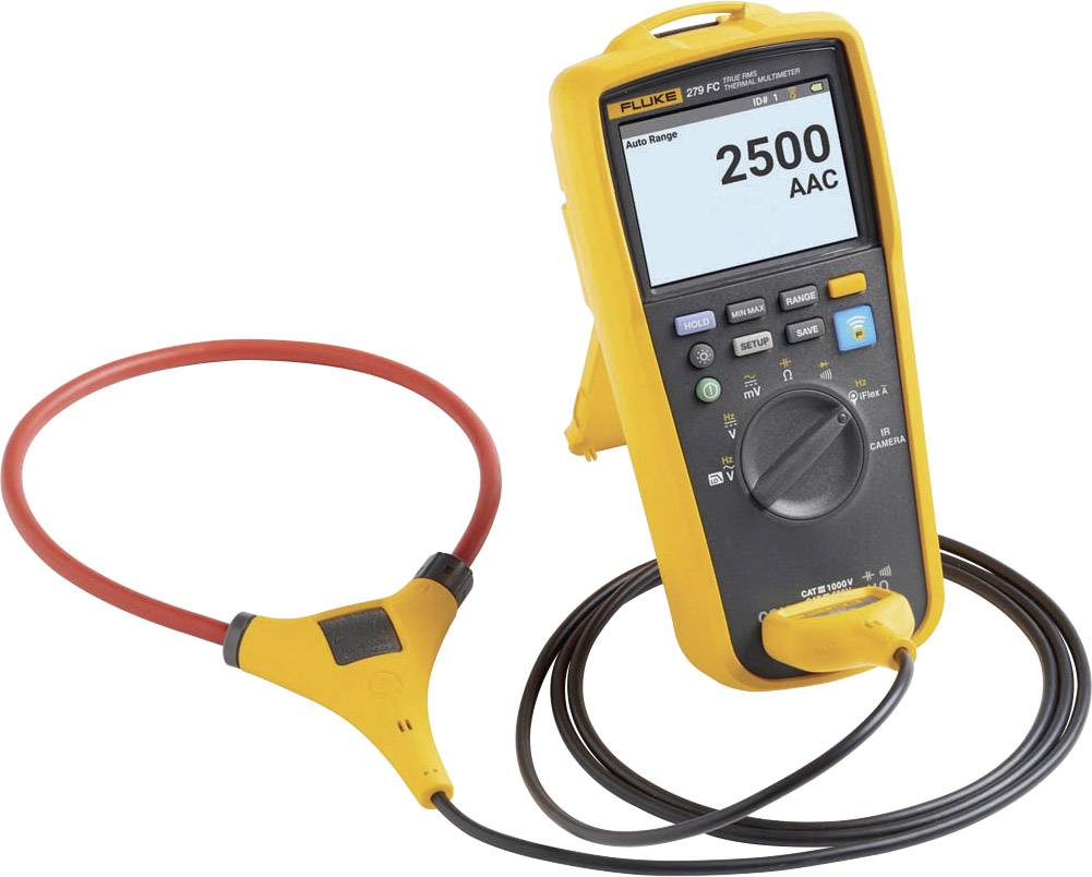 A yellow digital multimeter displays '2500 AAC'. It is connected to a current clamp used for measuring alternating current.