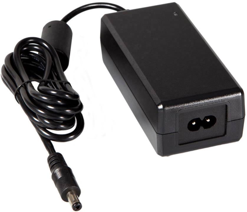 Black power supply with cable for electronic devices, rectangular shape, connection plug visible.