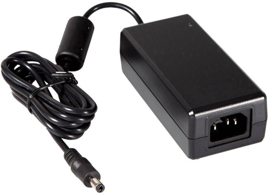 A black power supply with cable and plug, suitable for electronic devices. It shows a rectangular adapter with a round connector.