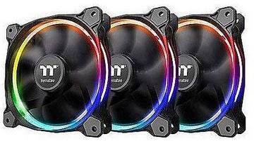 Three computer case fans with RGB lighting in rainbow colours, arranged side by side.