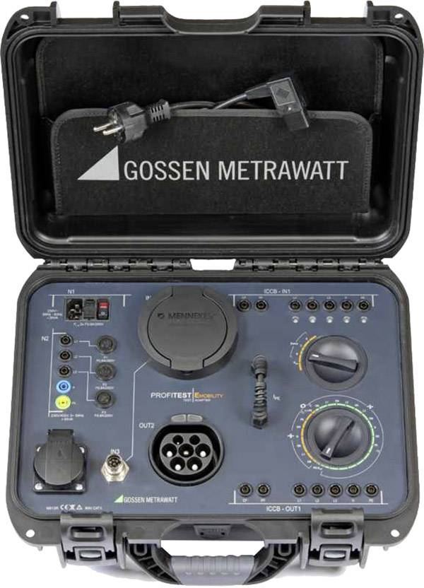 Testing device by Gossen Metrawatt in a case with rotary controls, displays and a plug. Used for safety testing of electrical installations.