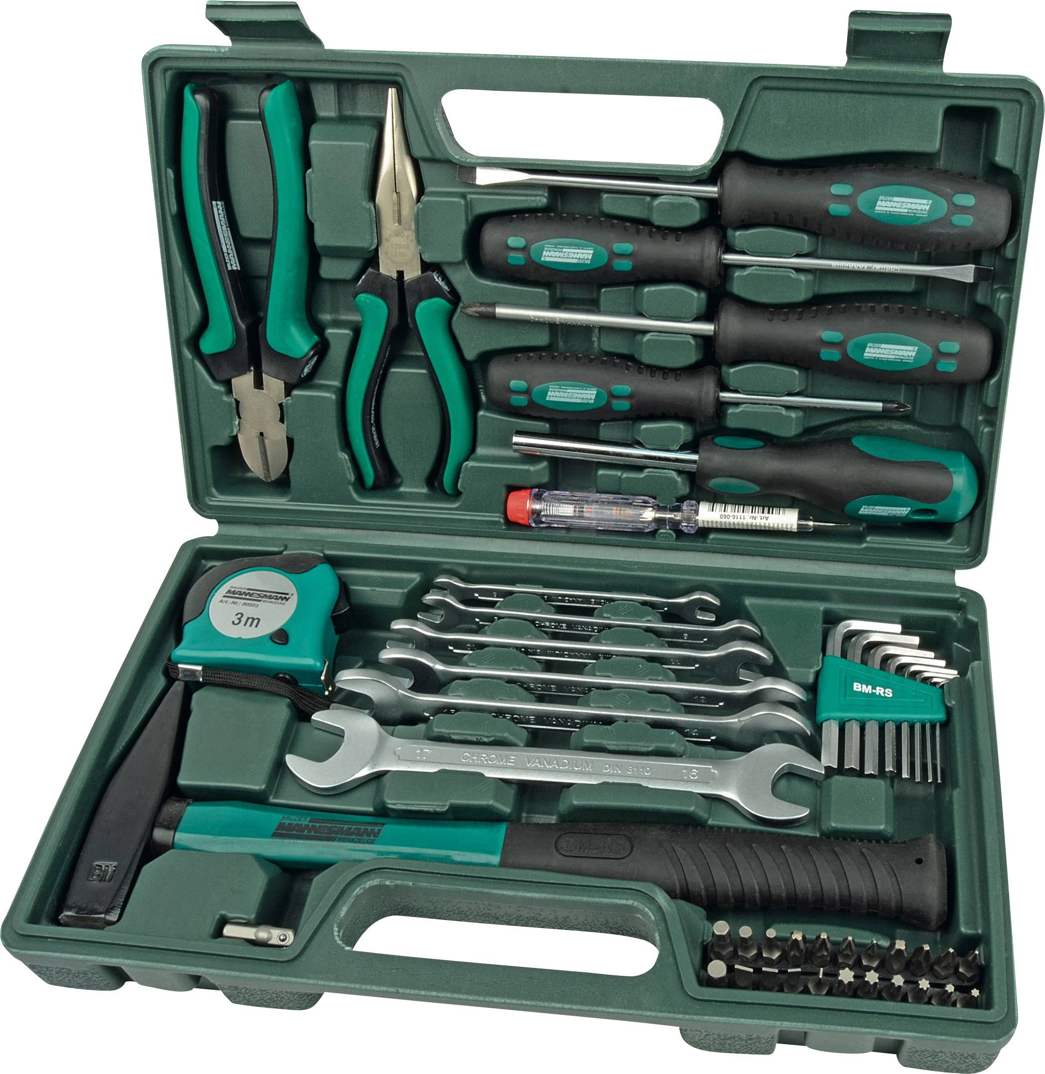 Green toolbox with pliers, screwdrivers, tape measure, spanners, and bits, open on a light background.