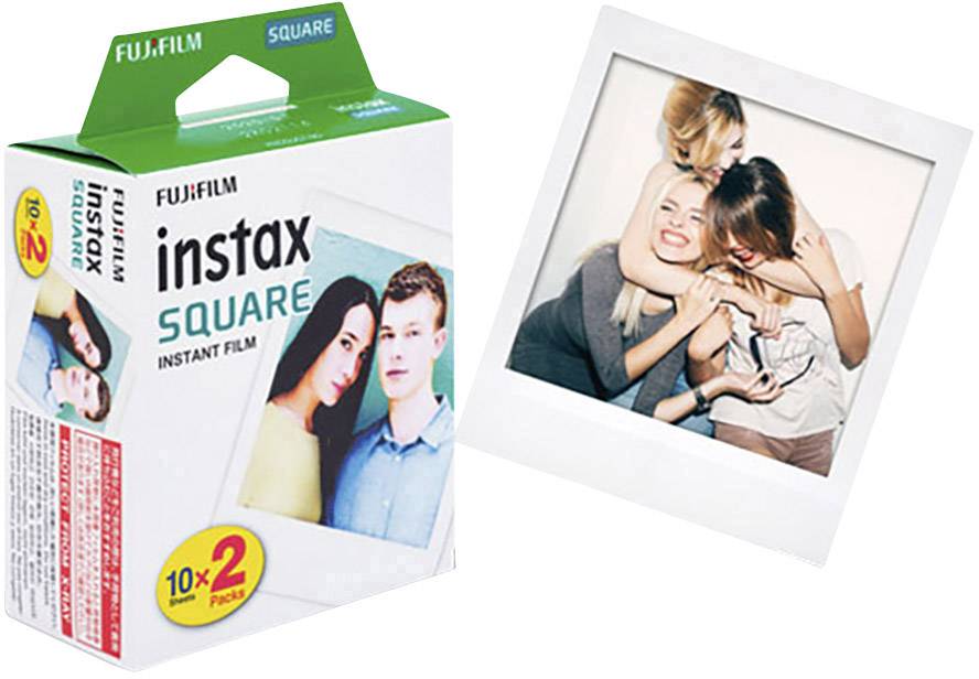Instax instant film packaging and a Polaroid photo of three laughing people.