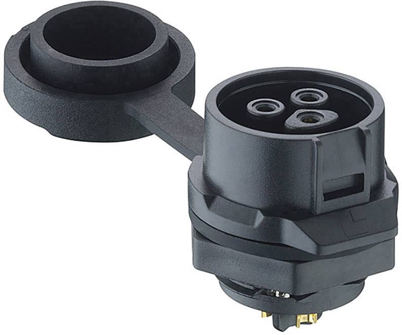 A black round plug with three pins and a protective cap. It is used for electrical connections.