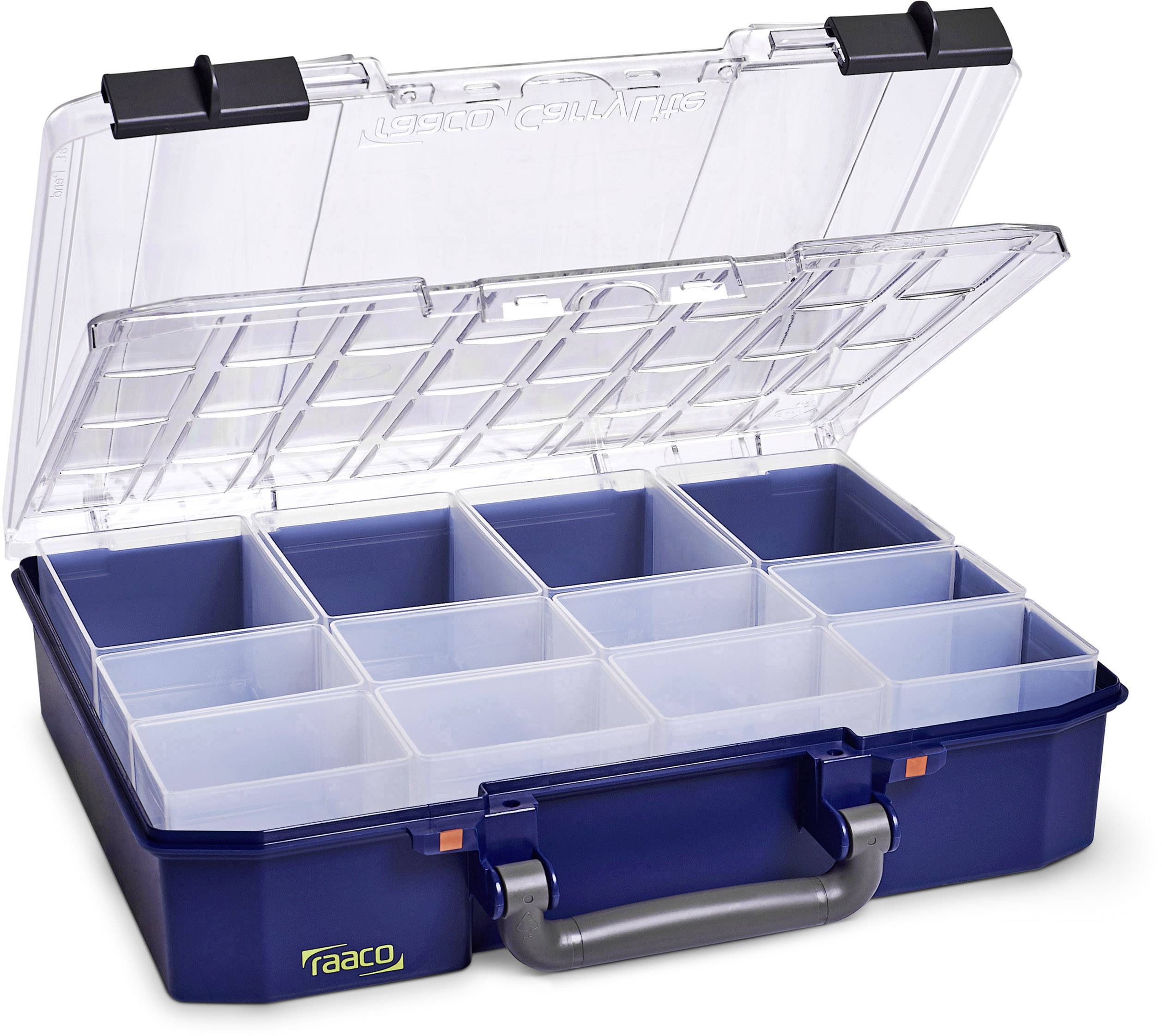 A blue plastic sorting box with a transparent lid. It has twelve equally sized, empty compartments for storing small items.