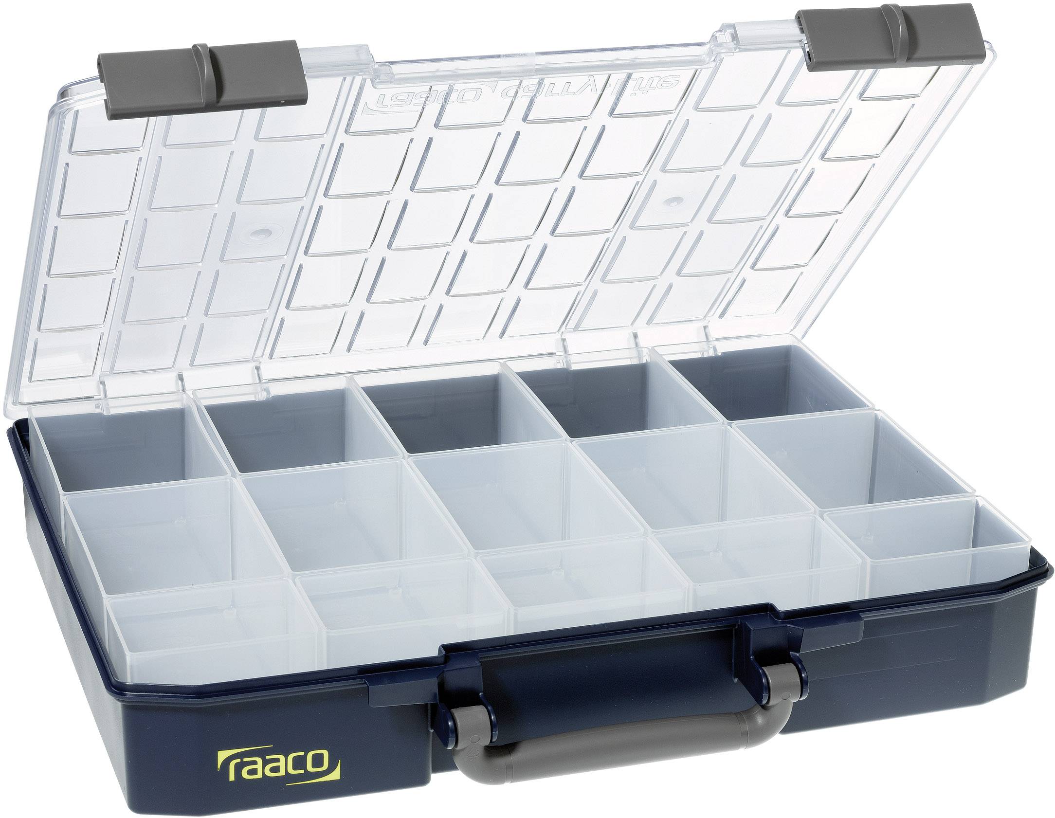 Open blue storage box with transparent lid, containing multiple empty compartments for organising small items.
