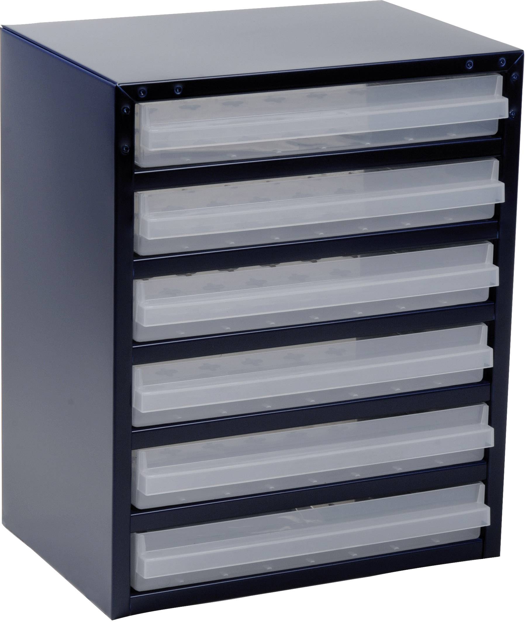 Six-drawer black metal cabinet with transparent drawers, perfect for storing small items.