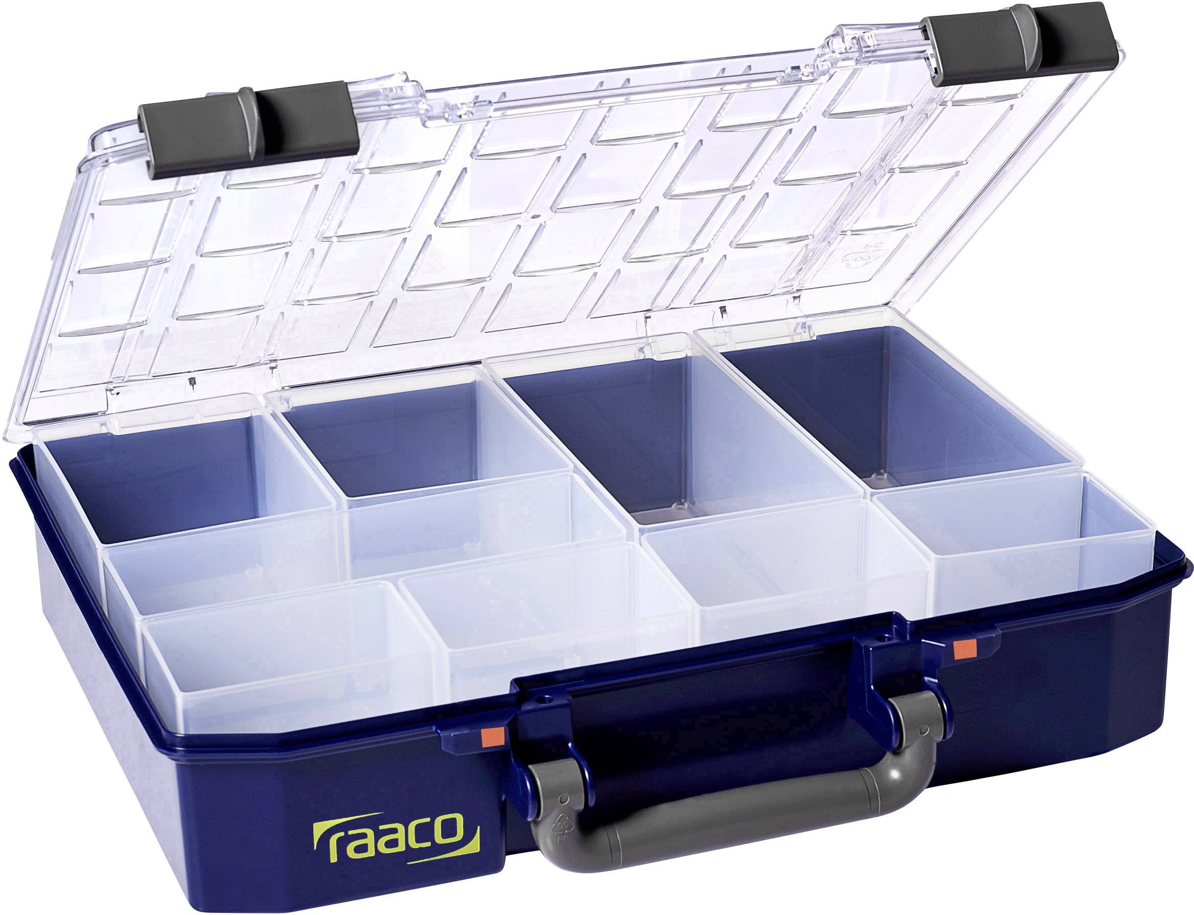 Blue sorting box with open, transparent lid, ten compartments, black handle.