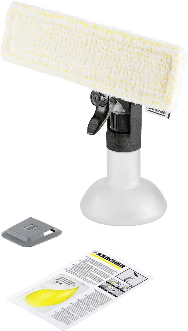 Window cleaner with squeegee attachment, spray bottle, and instruction manual on a white background.