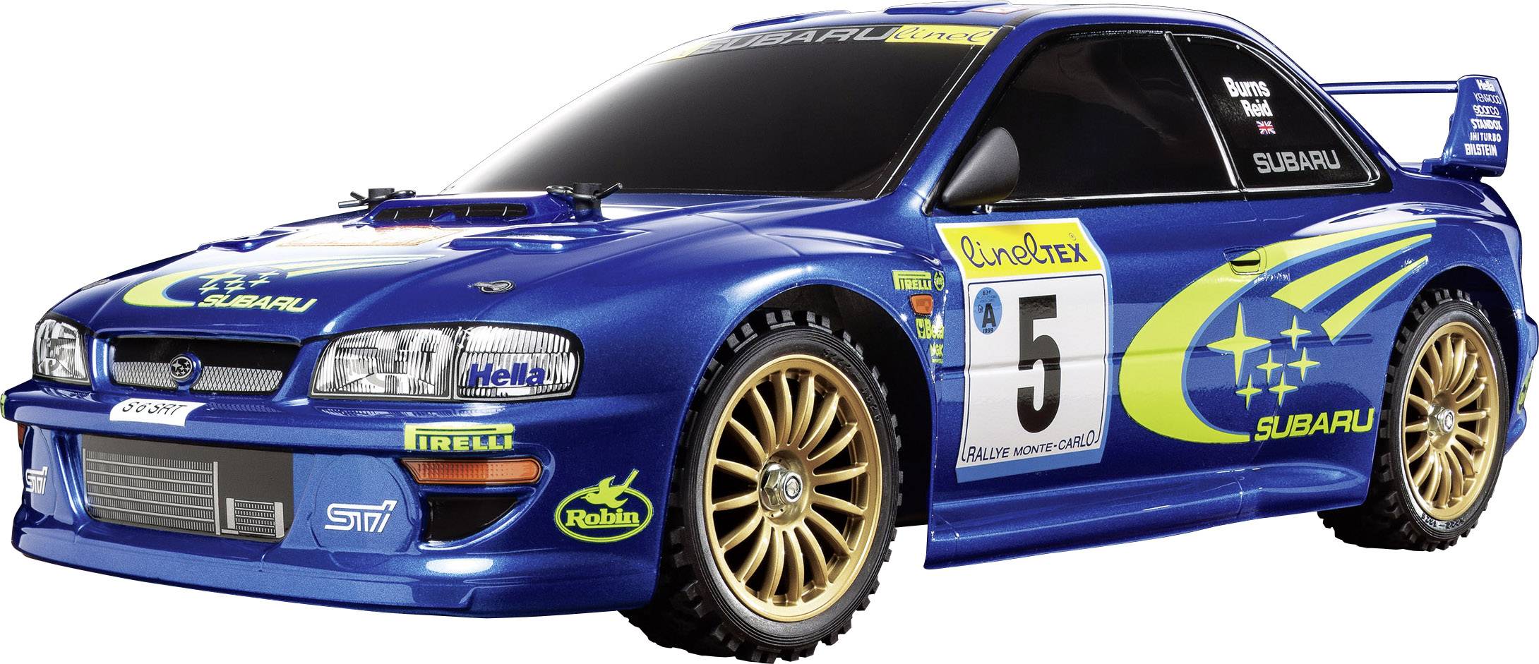 A blue rally car with yellow and green accents, bearing the start number 5. It is adorned with sponsor logos.