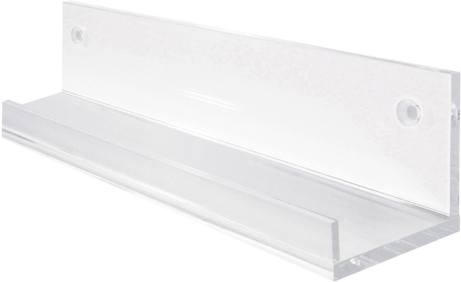 Transparent acrylic wall shelf bracket with screw holes, suitable for displaying items.