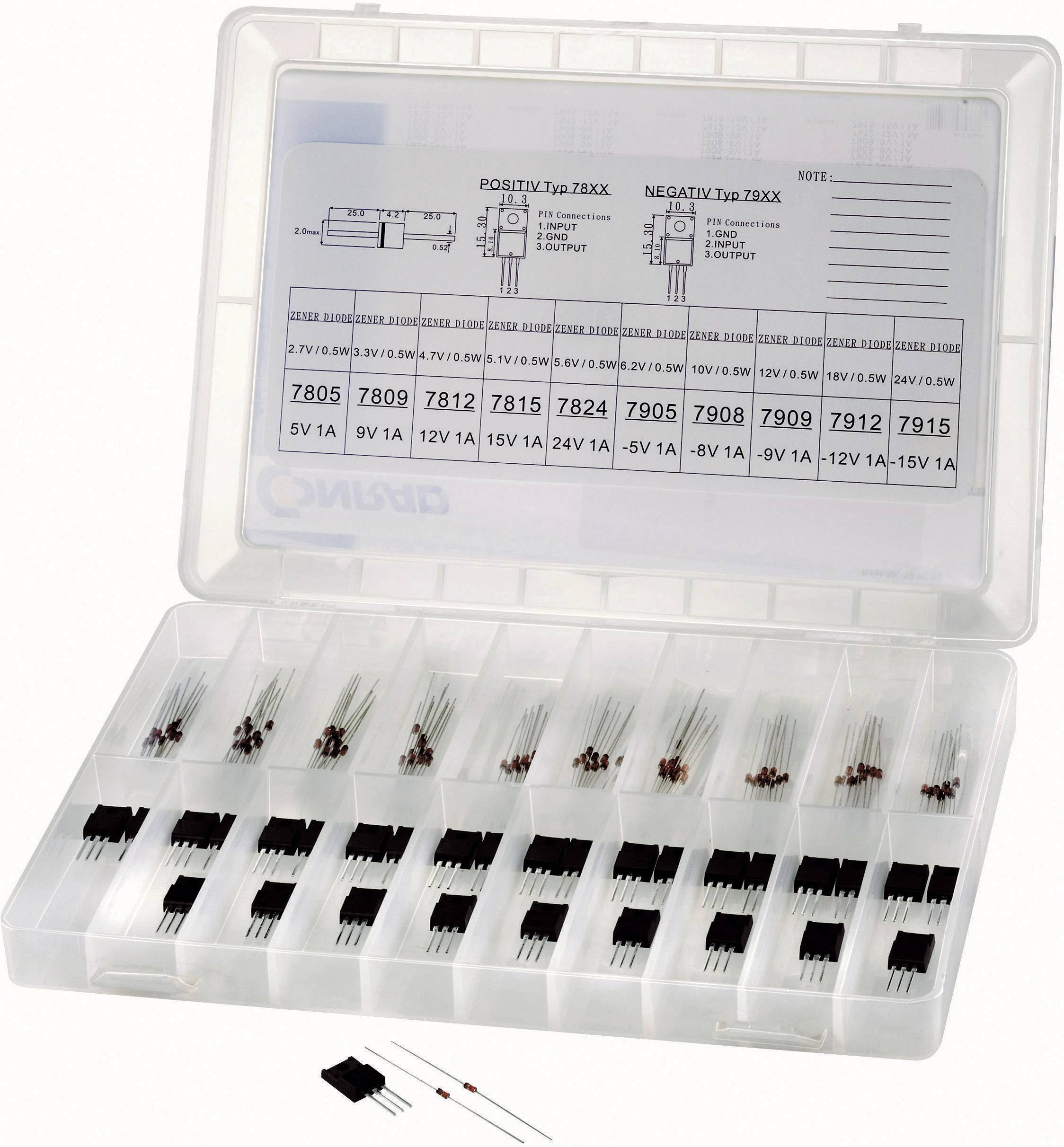 An open component storage box containing various electronic components such as resistors and voltage regulators, labelled with type and voltage specifications.