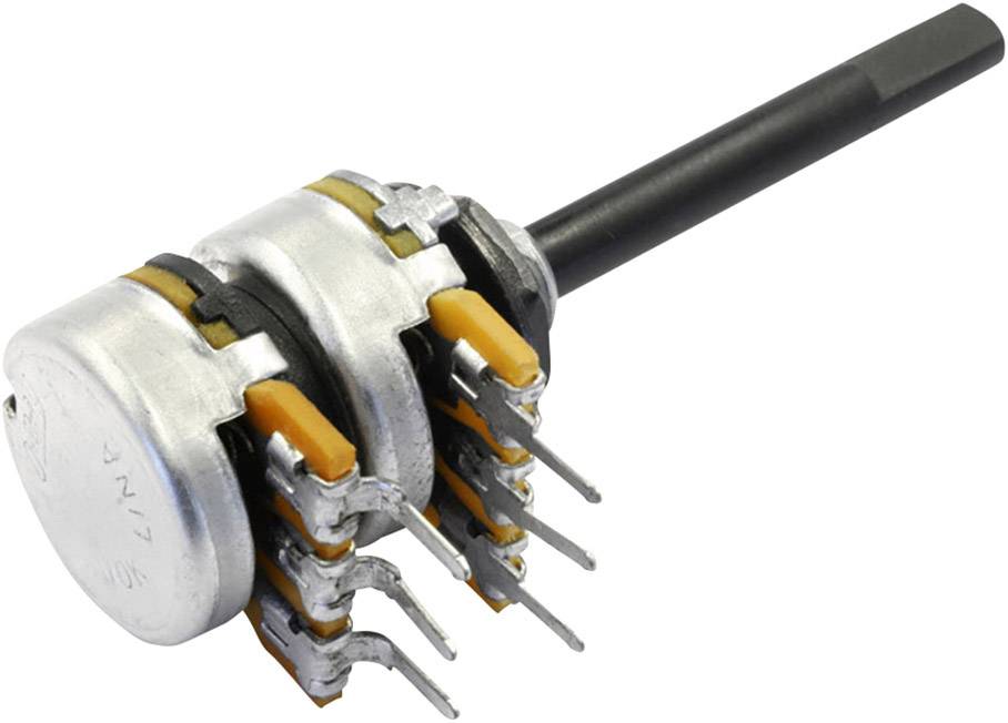 A multi-layer rotary potentiometer with multiple terminals and a black shaft. Electrical component for voltage regulation.