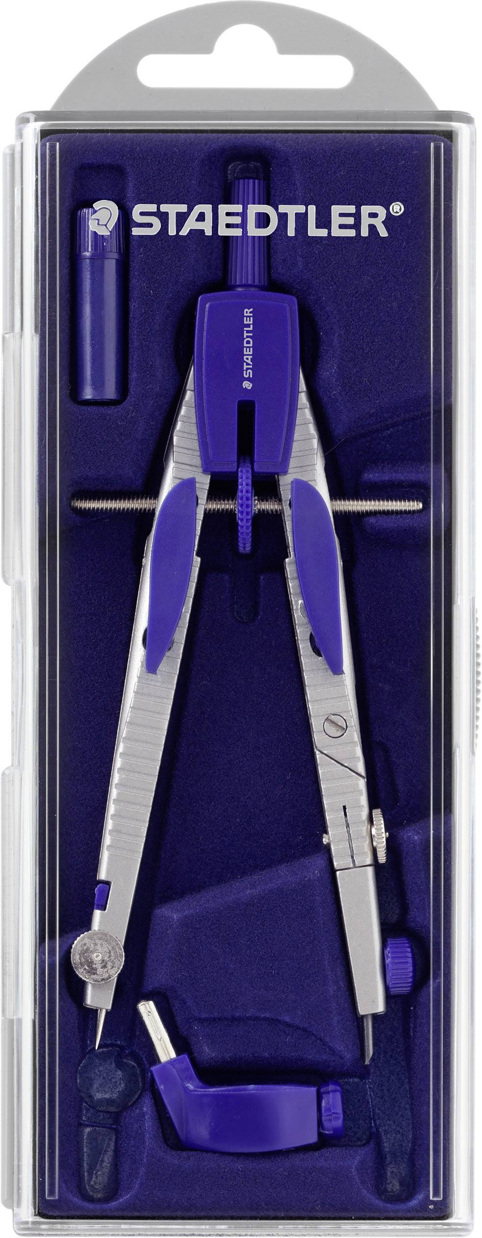 A high-quality compass set by Staedtler in a transparent plastic box, complete with spare parts and replacement leads, suitable for precise drawing.