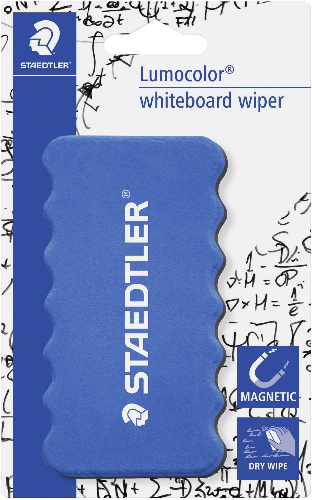 Blue, wave-shaped whiteboard eraser packaging by Staedtler with the inscription 'Lumocolor whiteboard wiper', magnetic and dry-erasable.