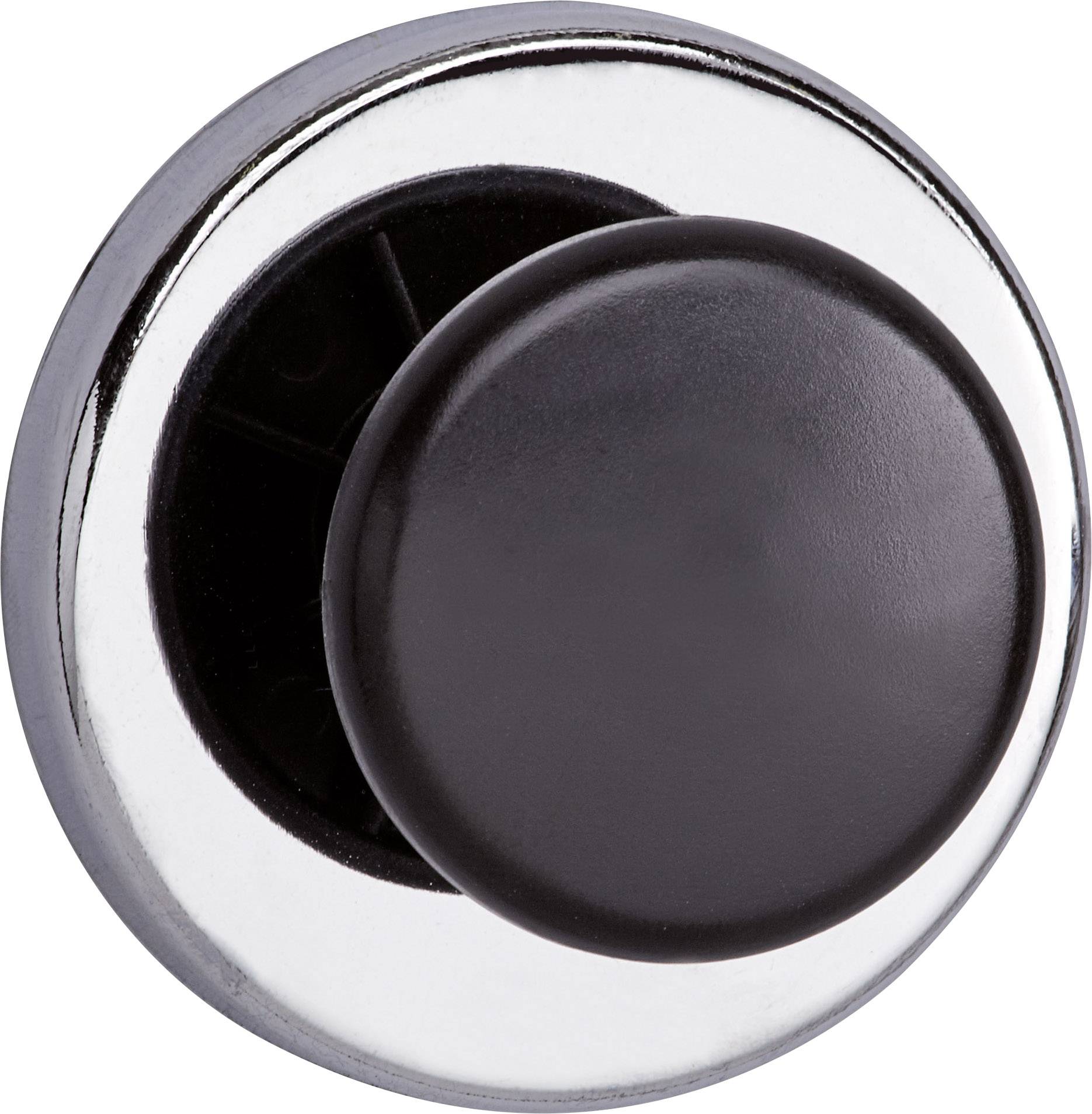 Black, round door handle on a silver round plate.