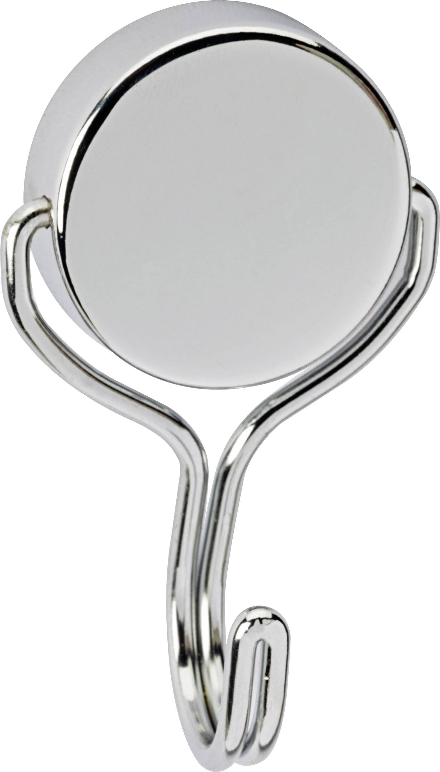 A shiny, round metal hook with a single, curved hook arm, suitable for hanging small items.