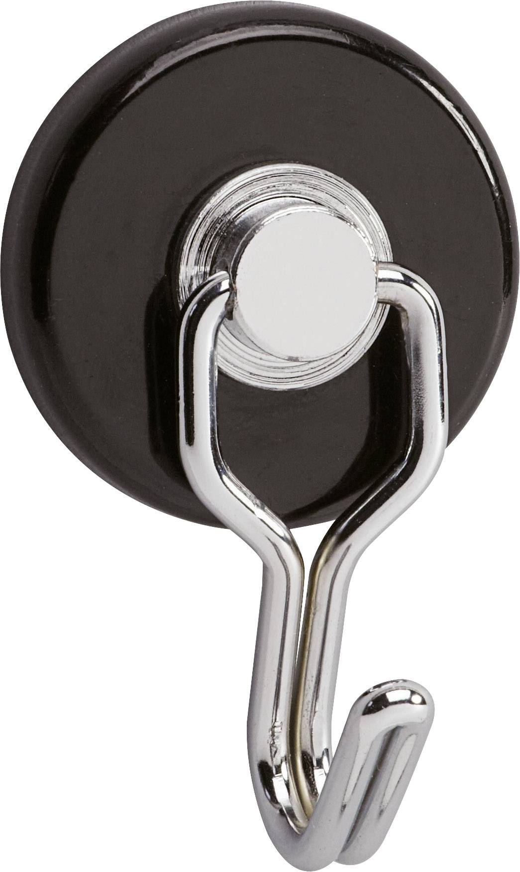 A round, black magnet with a metallic hook, suitable for hanging objects, visible in close-up.