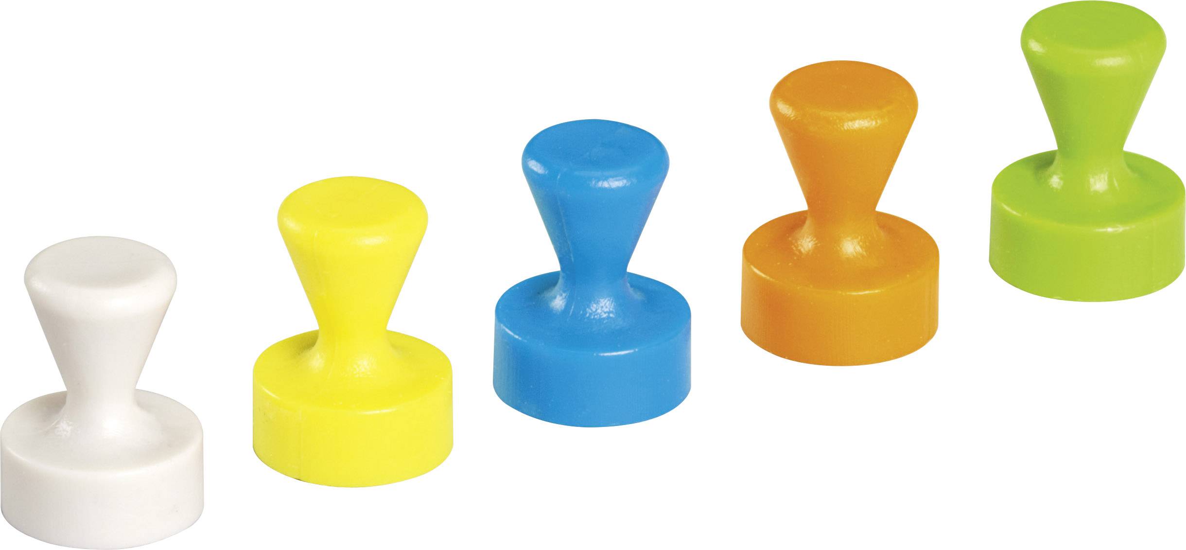 Five round magnets in different colours (white, yellow, blue, orange, green) arranged in a row side by side.