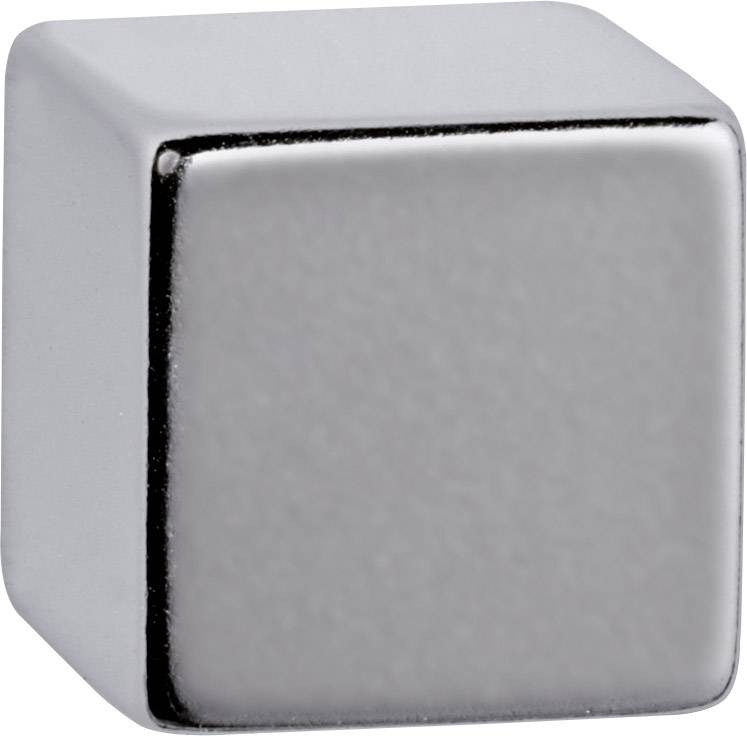 Cube-shaped, shiny metal magnetic block on a light background.